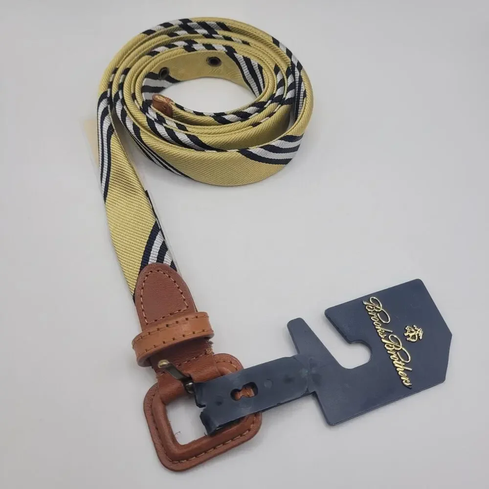 Brooks Brothers Belt Small Yellow Silk Leather Striped Skinny Thin Preppy NEW
